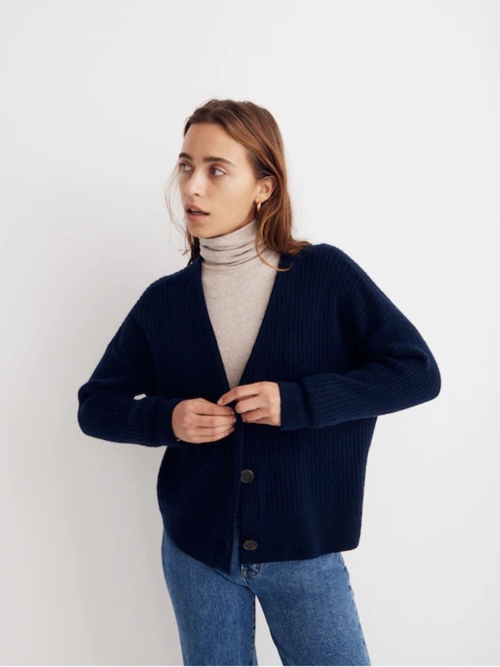 Madewell Navy Ribbed V-Neck Button Cardigan Sweater